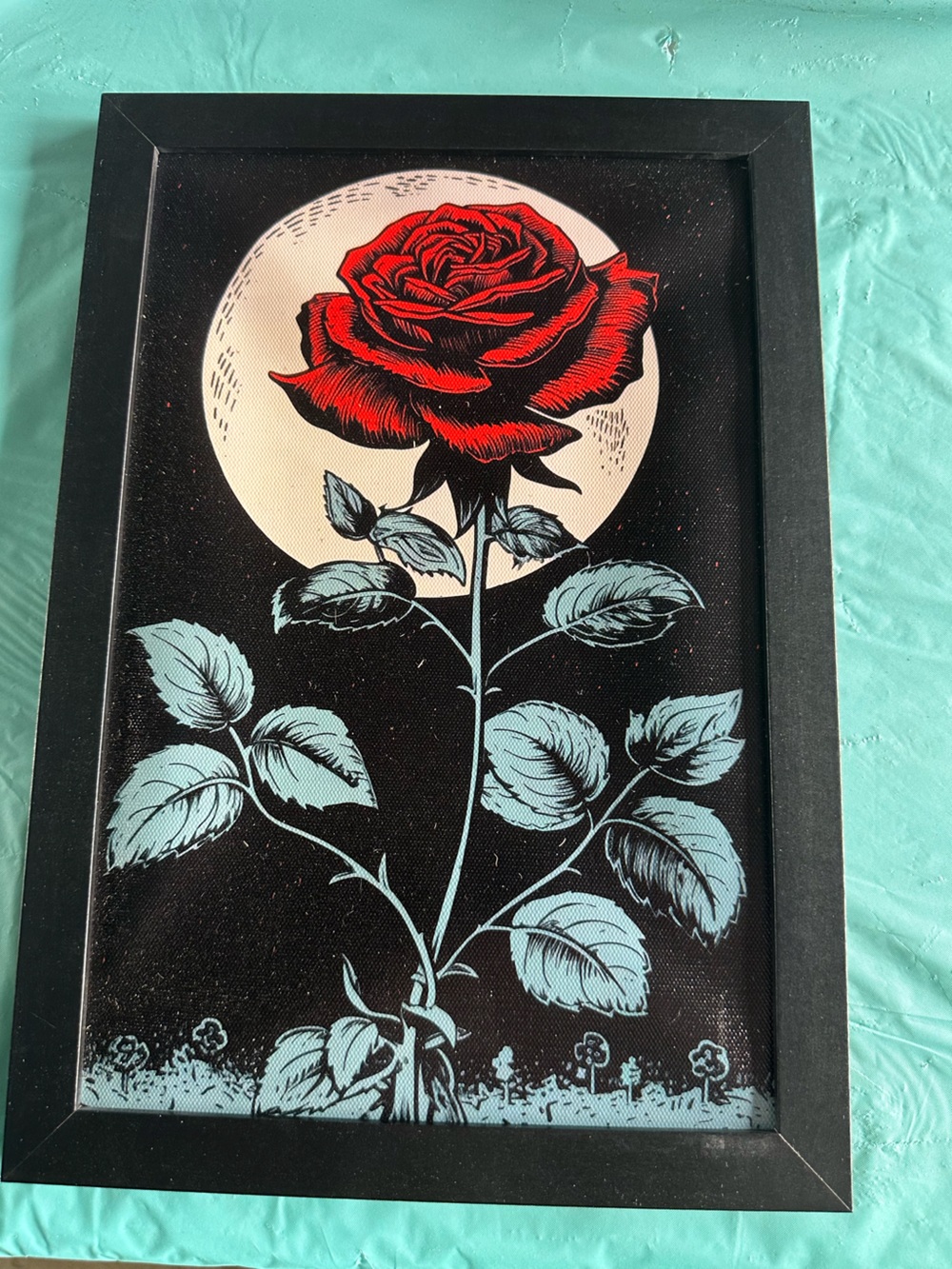 Framed Rose Artwork with Moon – Red & Teal